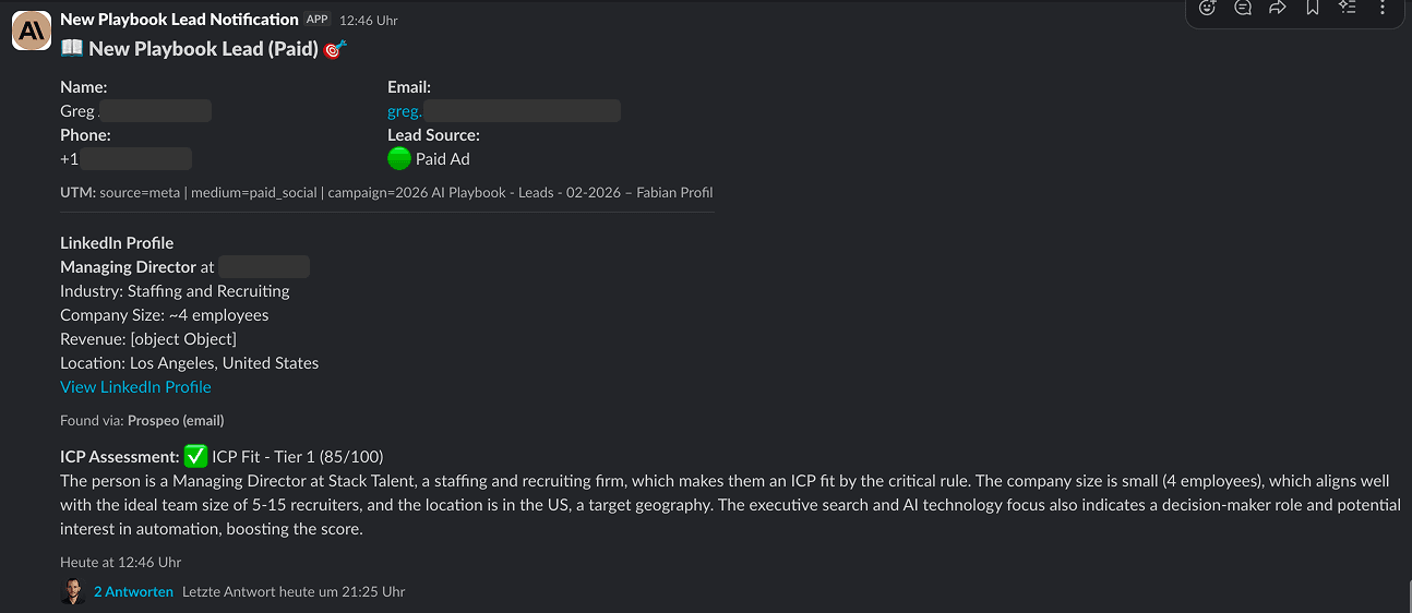 Automindz Slack notification showing automated lead research summary with company details, qualification score, and engagement signals